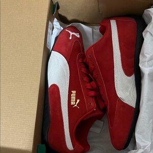 Puma Men's Red Suede Sneakers with White Formstrip and Black Sole